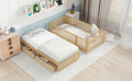 Twin Size Wood Daybed With Fence Guardrails And 2 Drawers, Split Into Independent Floor Bed & Daybed, Natural Old Sku :Lp000881Aan Twin Natural Solid Wood Mdf