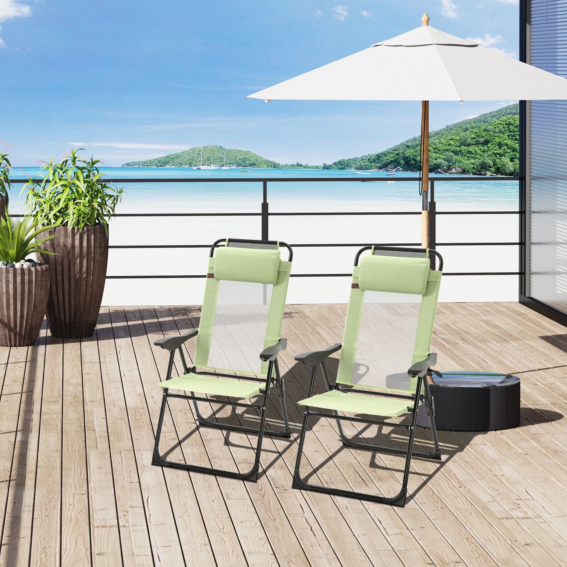 Outsunny Folding Patio Chairs Set Of 2, Outdoor Deck Chair With Adjustable Sling Back, Camping Chair With Removable Headrest For Garden, Backyard, Lawn, Green Green Fabric