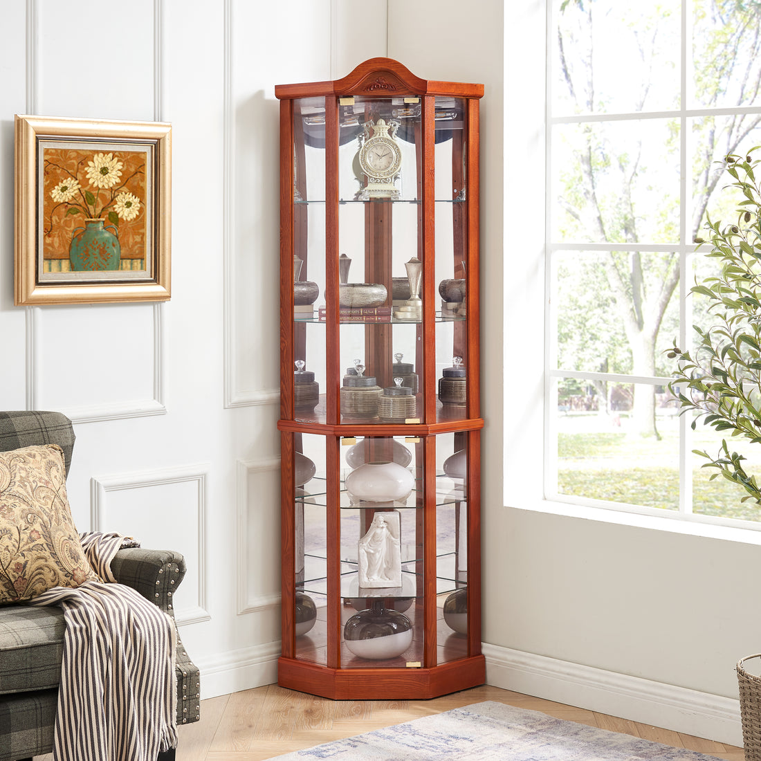 Glass Cabinet Lighted Corner Cabinet Corner Display Curio Cabinet, Glass Display With Light Included Bar Cabinet,Wine Cabinet With Adjustable Glass Shelves Carved Decoration Oak Light Included Oak