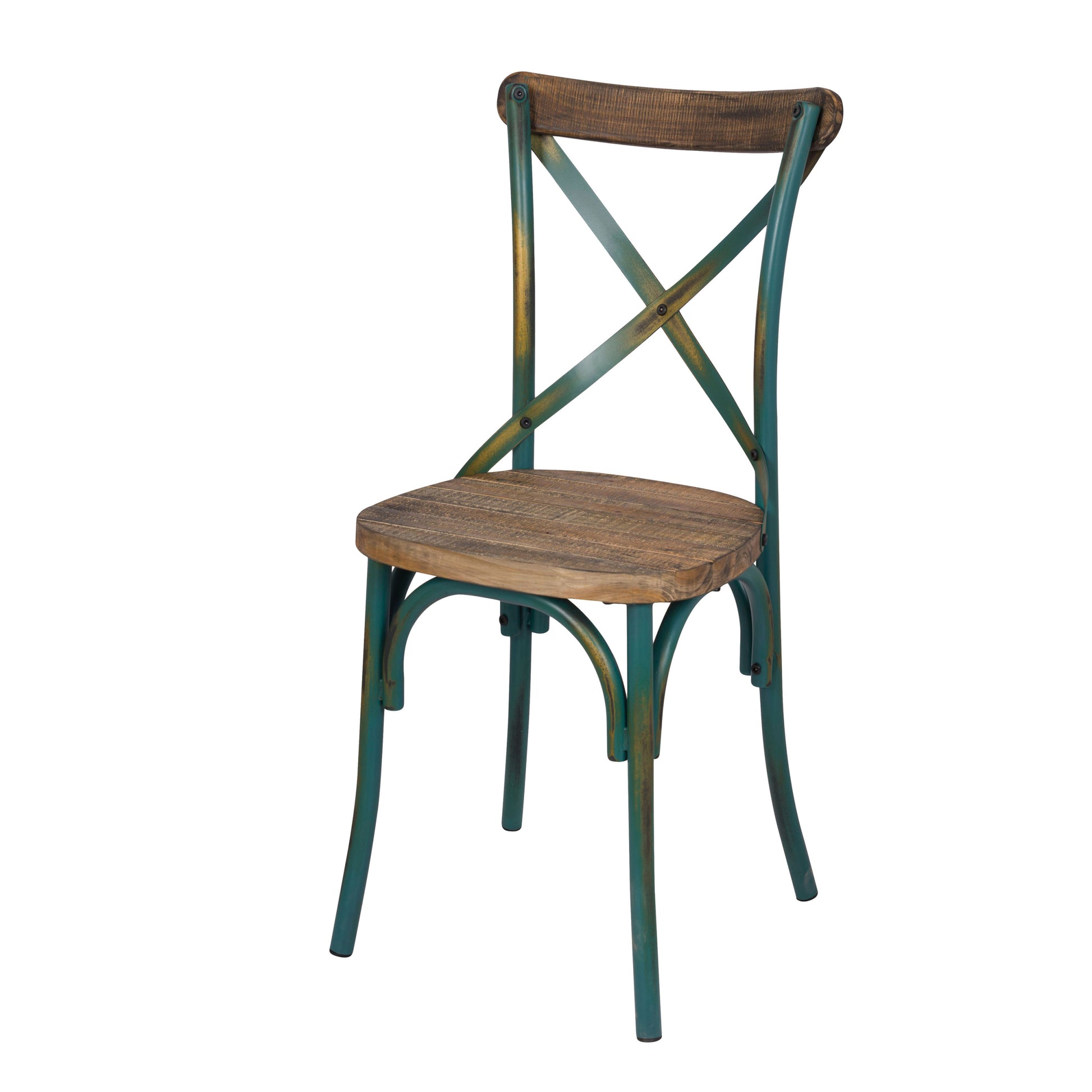 Antique Turquoise And Antique Oak Cross Back Side Chair Turquoise Primary Living Space Rustic Fir Wood Metal