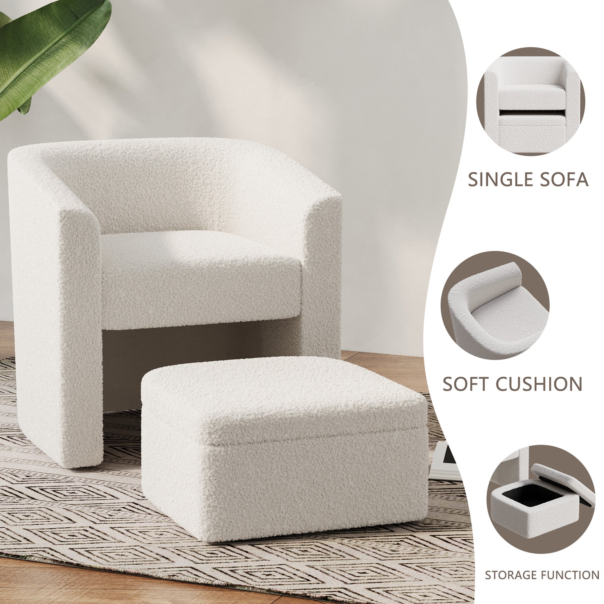 Accent Chair White Sofa Chair One Set, Modern Living Room Side Chair, Single Sofa Chair, Footstool With Storage, Suitable For Bedroom Office Reading Space, Study Cream White Cream White Foam Velvet