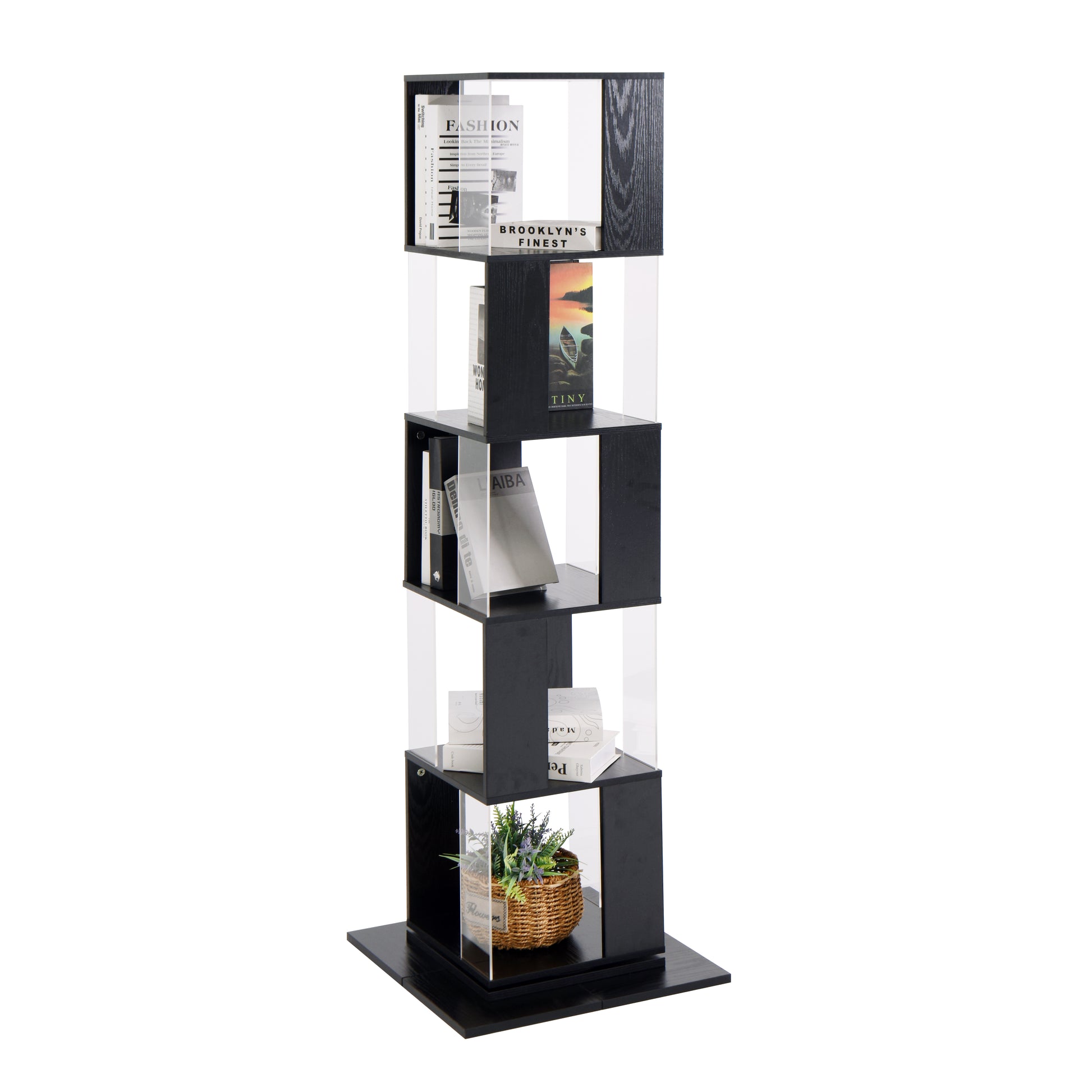 5 Tier Rotating Bookshelf, Floor Rack Simple Bookcase With Acrylic Plate Student Multi Function Creative Bookshelf For Living Room With Anti Toppling Base Black Particle Board