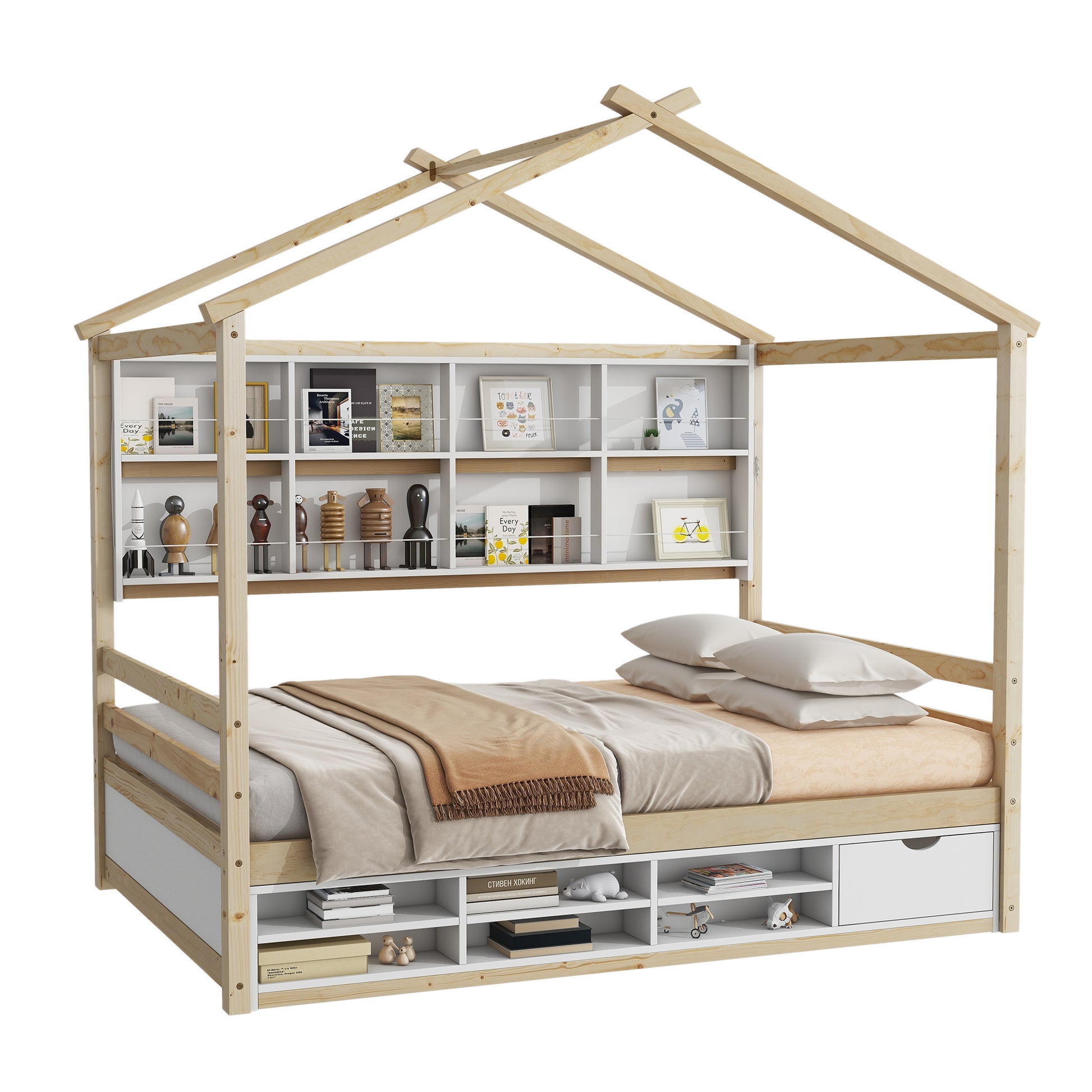 Full House Bed With Roof Frame, Bedside Shelves, Under Bed Storage Unit,Natural Full Natural American Design Pine