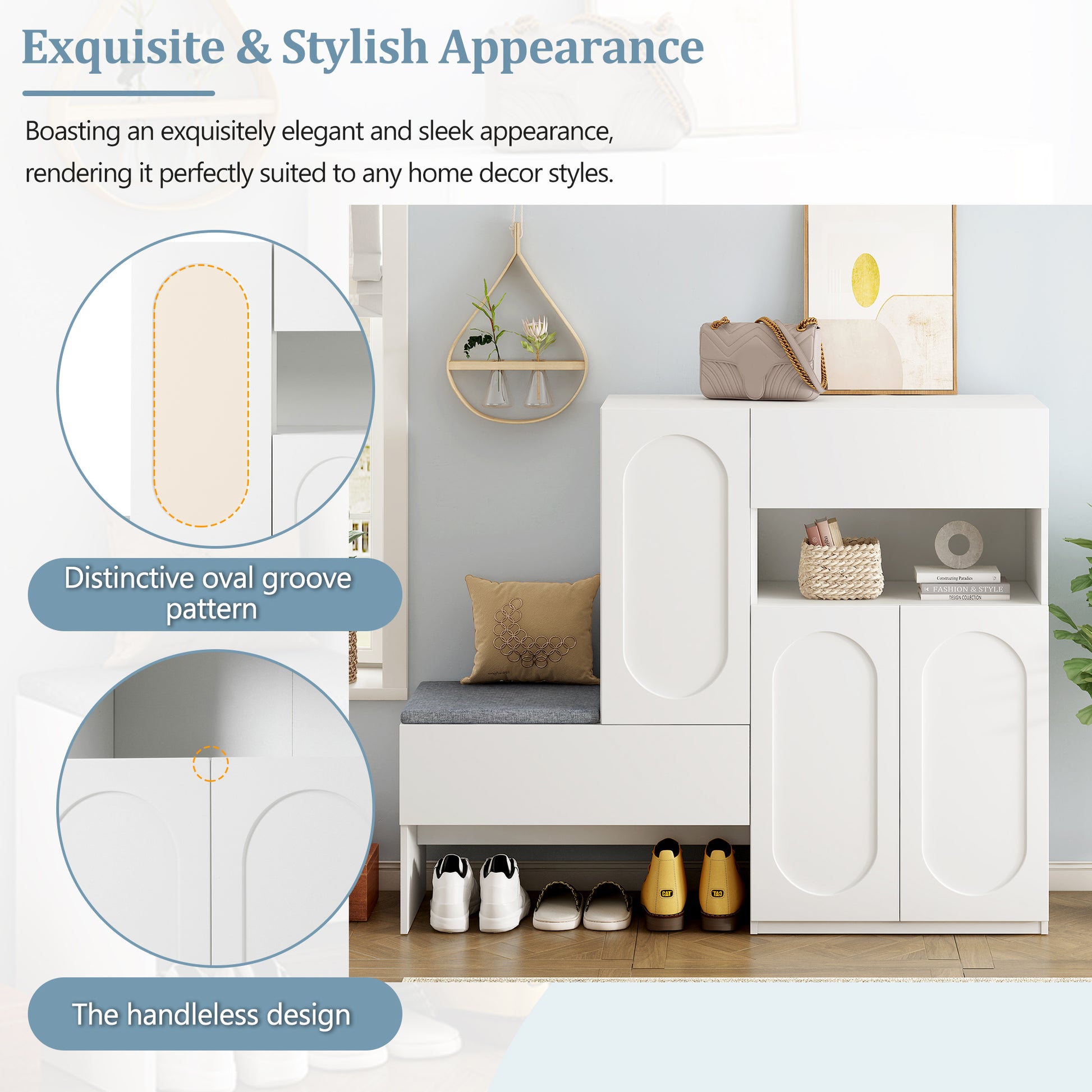 Elegant 2 In 1 Shoe Cabinets With Soft Cushion, Modern Storage Bench With Arched Doors & Rebound Devices, Versatile Shoe Rack Organizer With Adjustable Shelves For Hallway, Living Room, White White