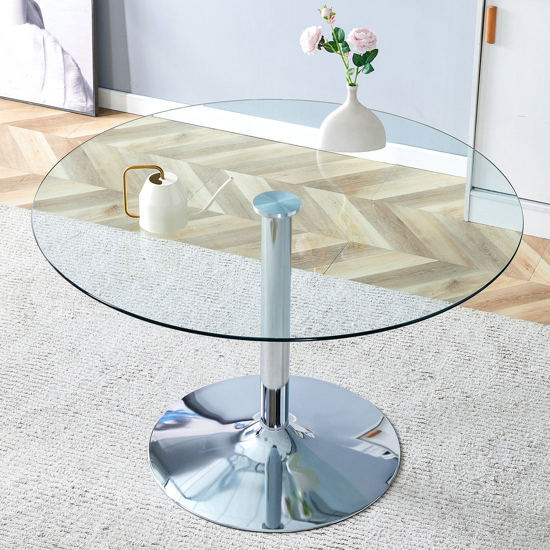 A Glass Tabletop With A Diameter Of 47 Inches And A Modern Minimalist Circular Dining Table With Electroplated Silver Metal Legs. Suitable For Restaurants, Living Rooms, And Conference Rooms.Dt 1166