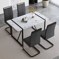 Table And Chair Set.A Modern Minimalist White Marble Veined Mdf Dining Table With Black Metal Frame.Paried With 4 Chairs With Pu Cushions And C Tube Black Metal Legs. White Black Seats 4 Mdf Metal