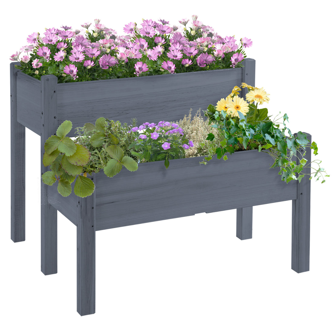 Outsunny 34"X34"X28" Raised Garden Bed, 2 Tier Elevated Wood Planter Box For Backyard, Patio To Grow Vegetables, Herbs, And Flowers, Gray Gray Wood