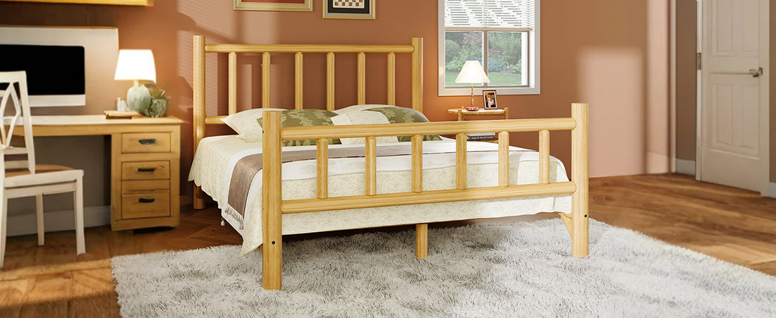 Farmhouse Log Bed Frame Queen Rustic Style Pure Solid Pine Cylinder Construction Bed Fits Mattresses And Box Springs, Natural Finish Queen Natural Pine