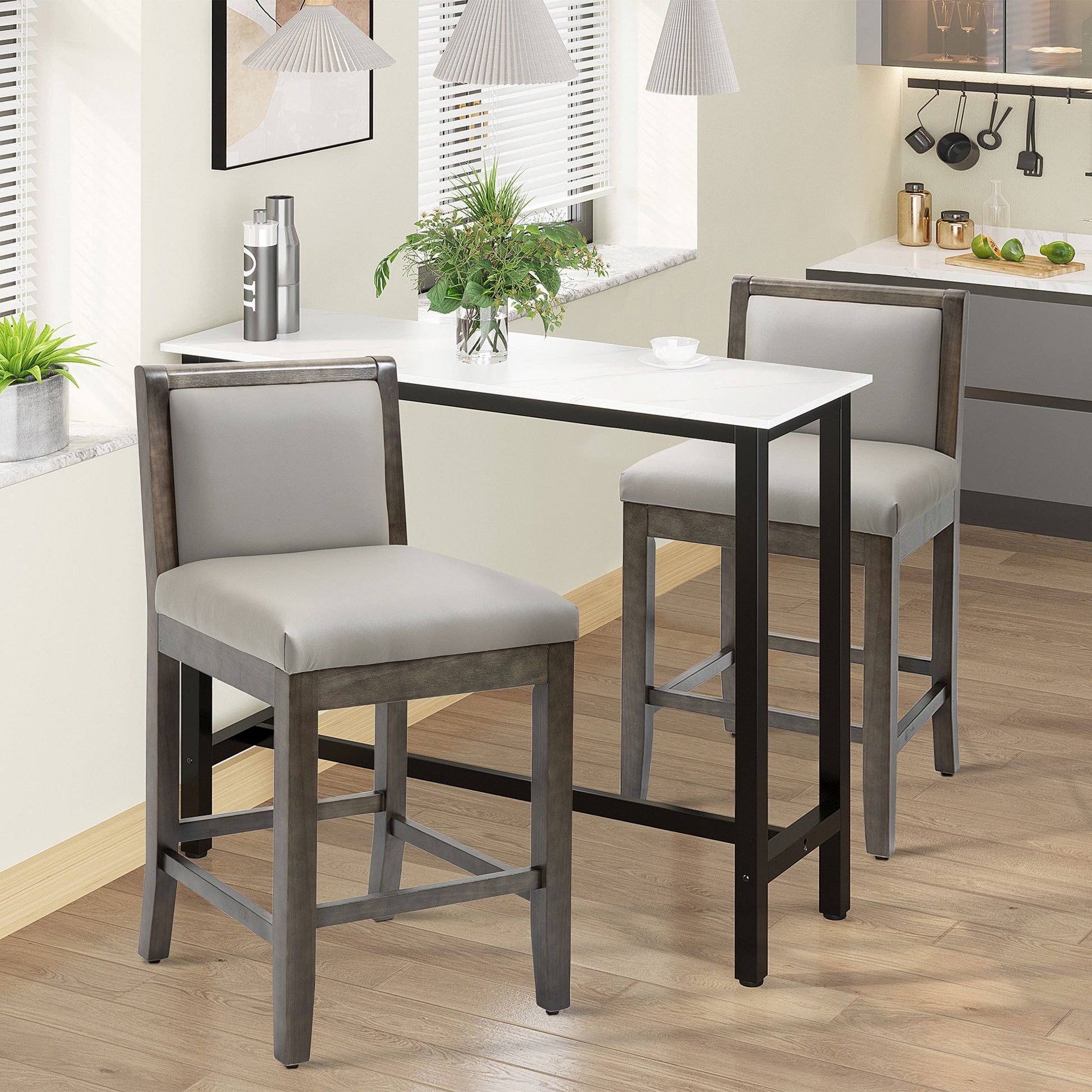 Homcom 25.5" Counter Height Bar Stools Set Of 2, Pu Leather Kitchen Stool, Upholstered Bar Chairs With Back, Wood Legs, Grey Grey Rubber Wood