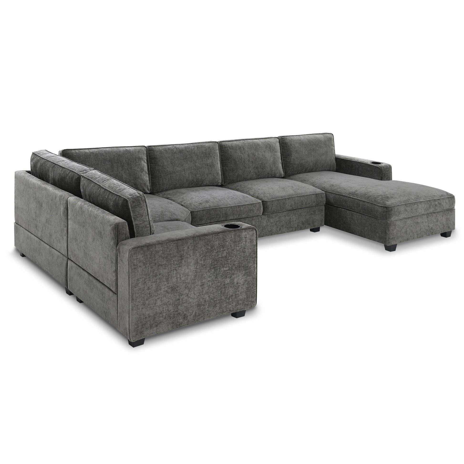 119*67" U Shaped Sectional Sofa,6 Seat Chenille Couch Set With Oversized Chaise Lounge,Irregular Corner,Deep Seat Comfy Sofa With Cup Holders For Living Room,Apartment,2 Colors Dark Gray Chenille 6