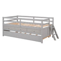 Low Loft Bed Twin Size With Full Safety Fence, Climbing Ladder, Storage Drawers And Trundle Gray Solid Wood Bed Gray Solid Wood