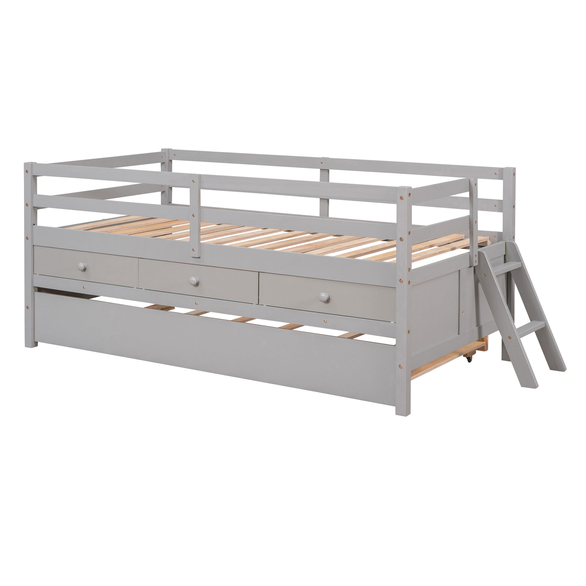 Low Loft Bed Twin Size With Full Safety Fence, Climbing Ladder, Storage Drawers And Trundle Gray Solid Wood Bed Gray Solid Wood