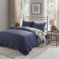 3 Piece Reversible Printed Quilt Set Green Navy King Cal King Green Navy Microfiber