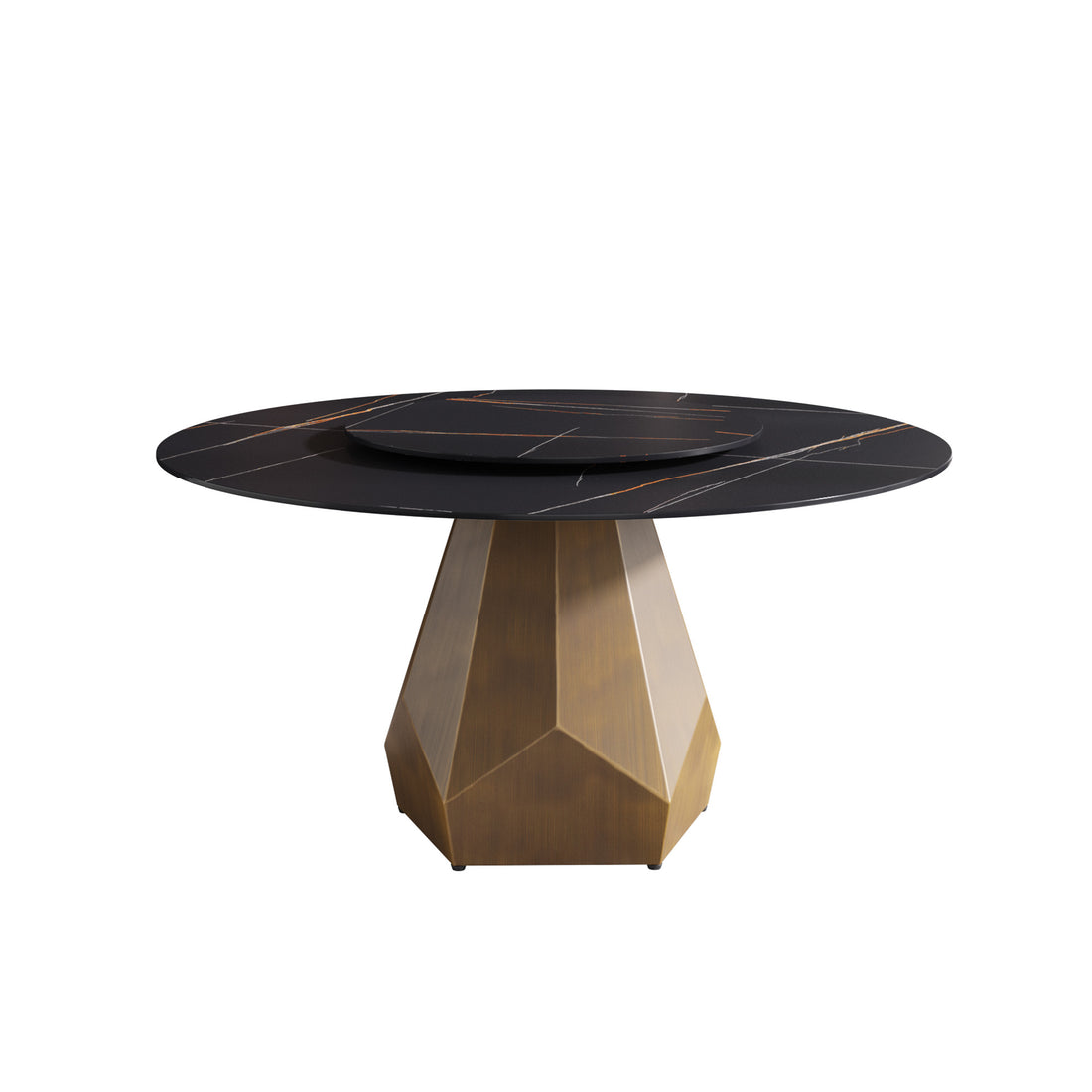 59.05" Round Marble Dining Table With Metal Base, Artificial Marble For 6 8 People, 31.5"Black Artificial Stone Turntable,Black Dining Table Only Antique Brass,Black Metal Marble