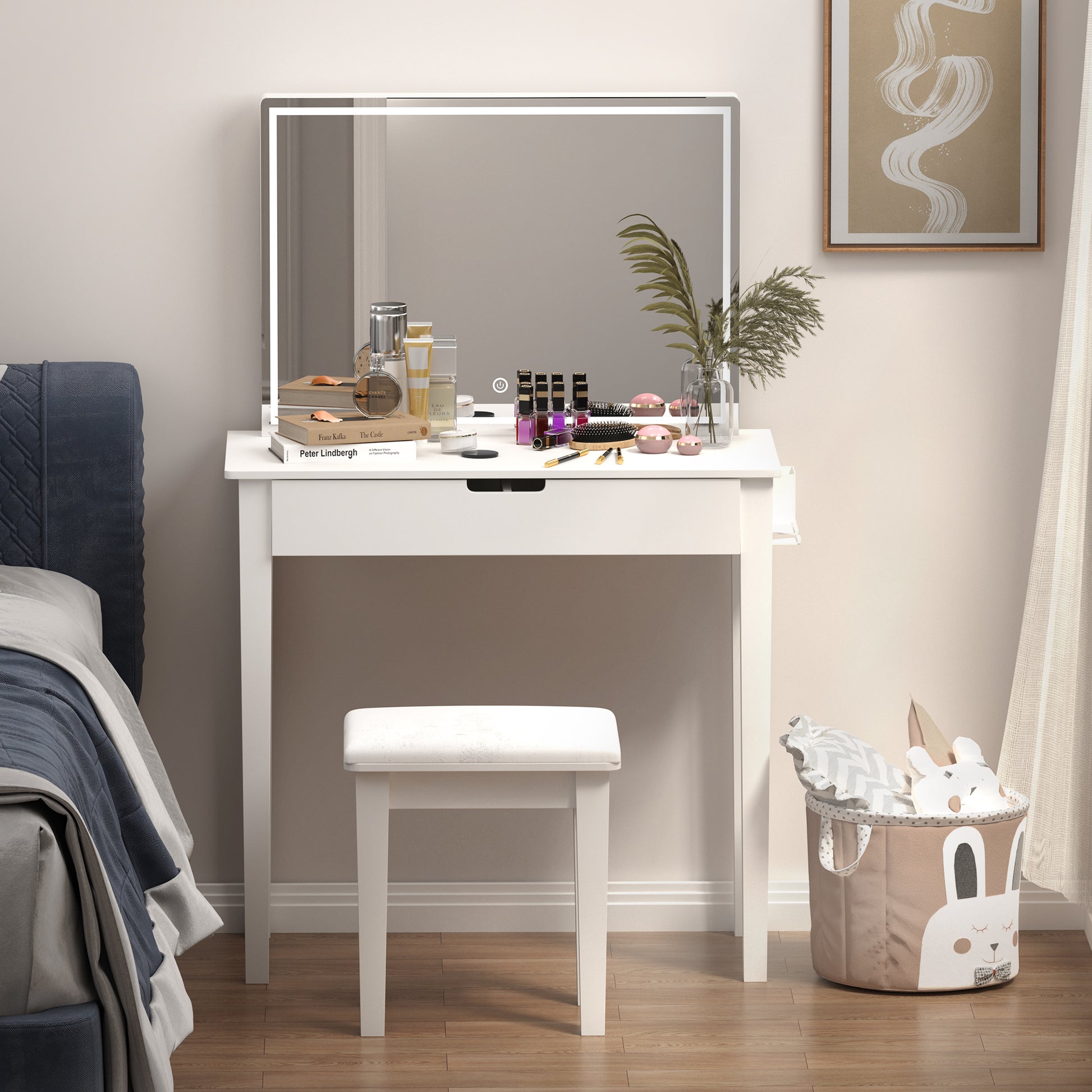 Vanity Desk Set With Mirror For Makeup, Makeup Table With 1 Drawer Storage Cosmetics, Vanity Dressing Table For Bedroom With Dimmable Led Light With Stool,White Finish White Drawer 1 Drawer Pine