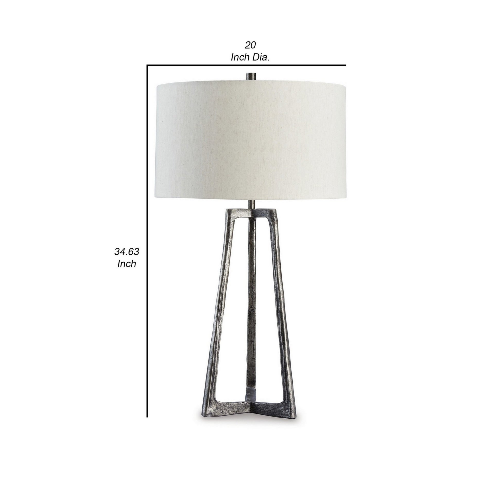 Nila 35 Inch Table Lamp, Pewter Gray Metal Base, 3 Way Switch, Drum Shade Gray Fabric Metal