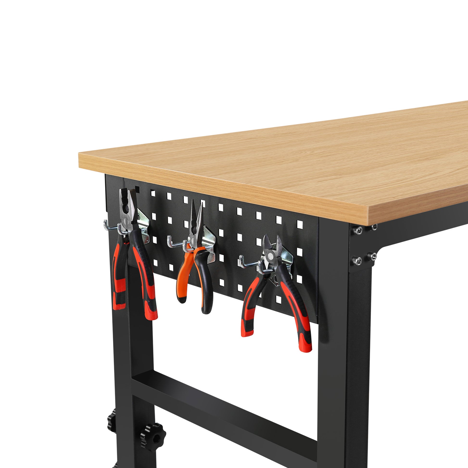 72" 24'' Adjustable Workbench, Rolling Heavy Duty Worktable With Power Outlet And Wheels, Large Load Capacity Rubber Wood Top Workbench For Garage, Office, Workshop, Home, Easy Assembly Black Steel