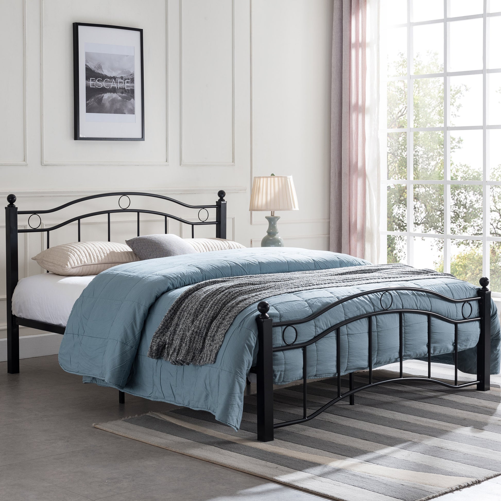 King Size Metal Bed Frame, Under Bed Storage Space, No Box Spring Needed, Durable Use, Black King Black Iron