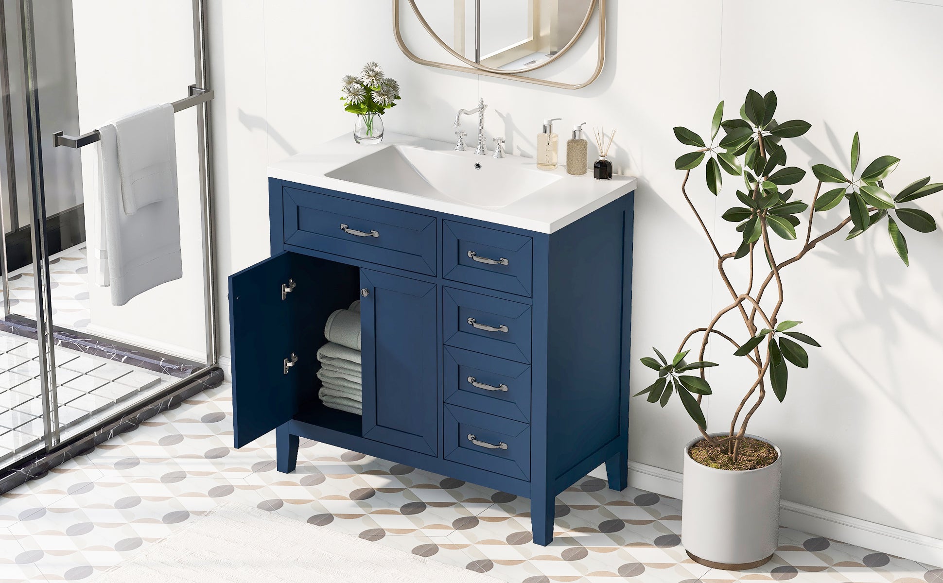 36" Bathroom Vanity With Sink Combo, Blue Bathroom Cabinet With Drawers, Solid Frame And Mdf Board Blue Solid Wood Mdf