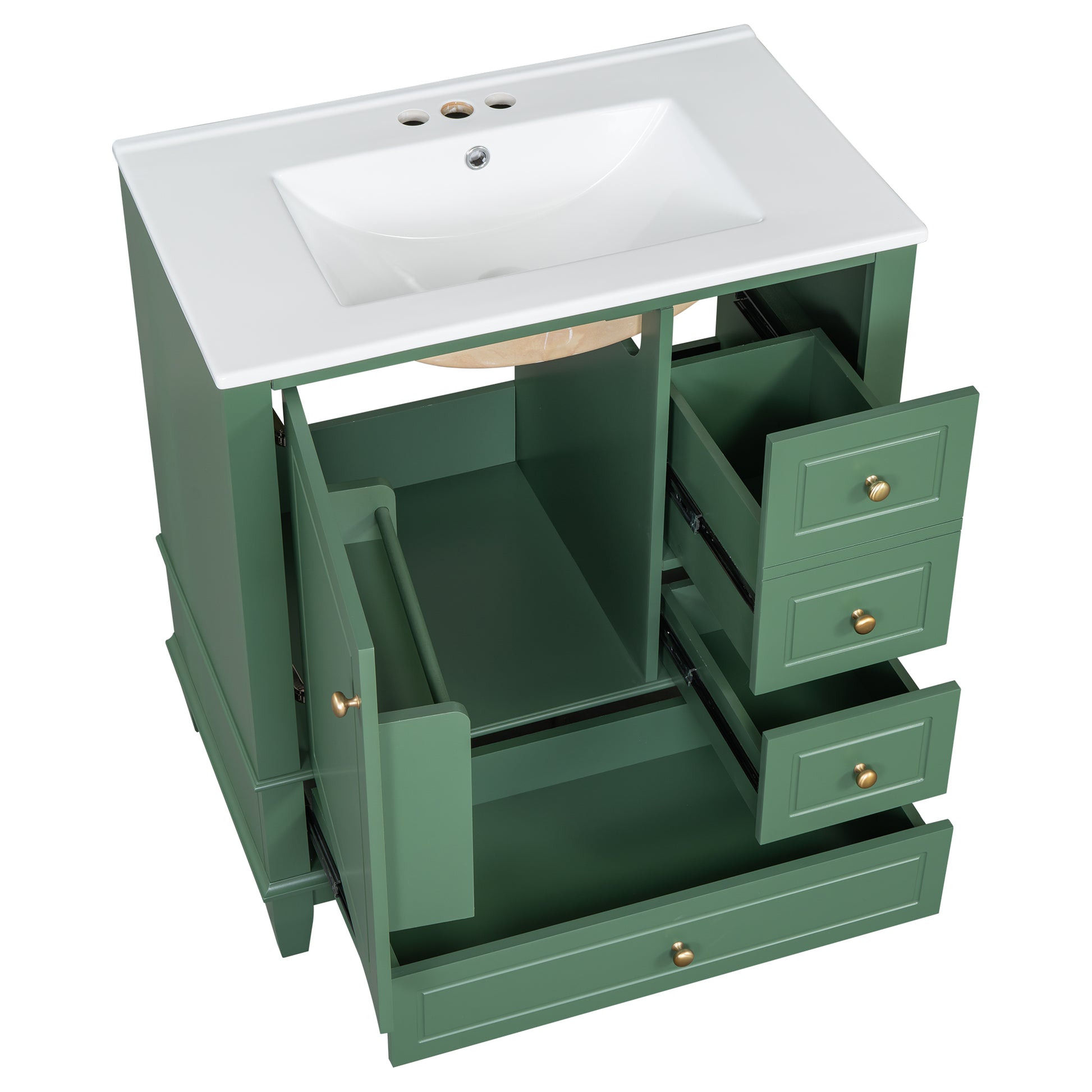 30" Bathroom Vanity With Sink, One Door With Shelf And Three Drawers, Soft Close Door, Green Green Ceramic Mdf,Rubber Wood