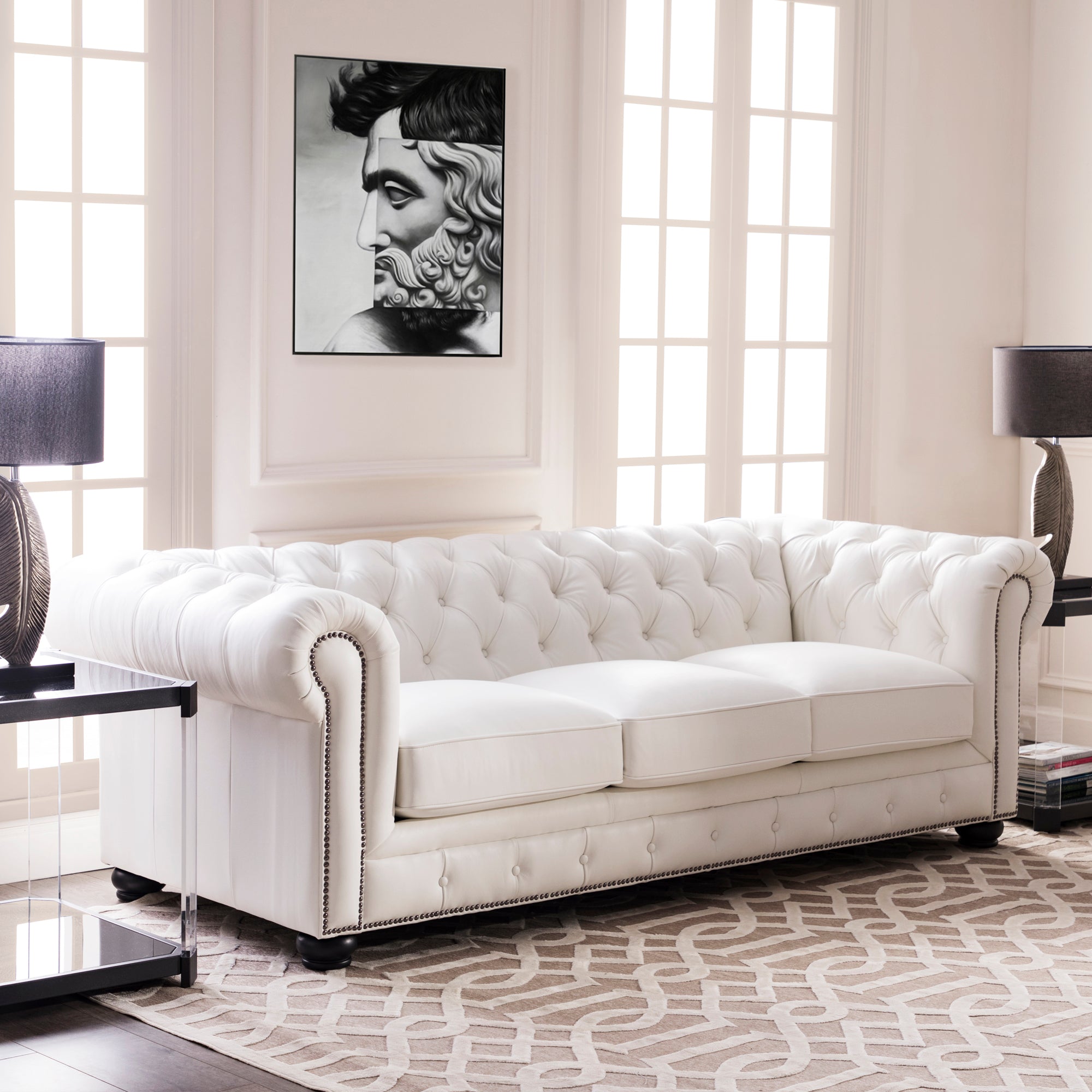 Traditional Tufted Leather Chesterfield Sofa White Leather 3 Seat