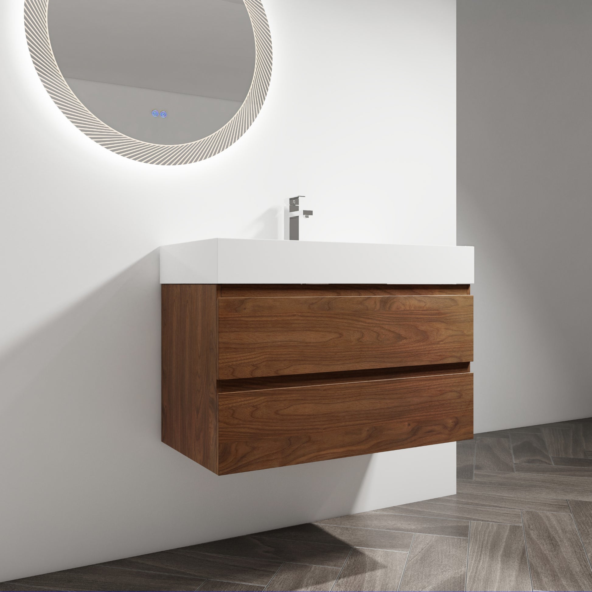 36" Wall Mounted Bathroom Vanity With Resin Sink, 2 Soft Close Drawers, Kd Package 2 Brown Oak Bathroom Wall Mounted Modern Plywood