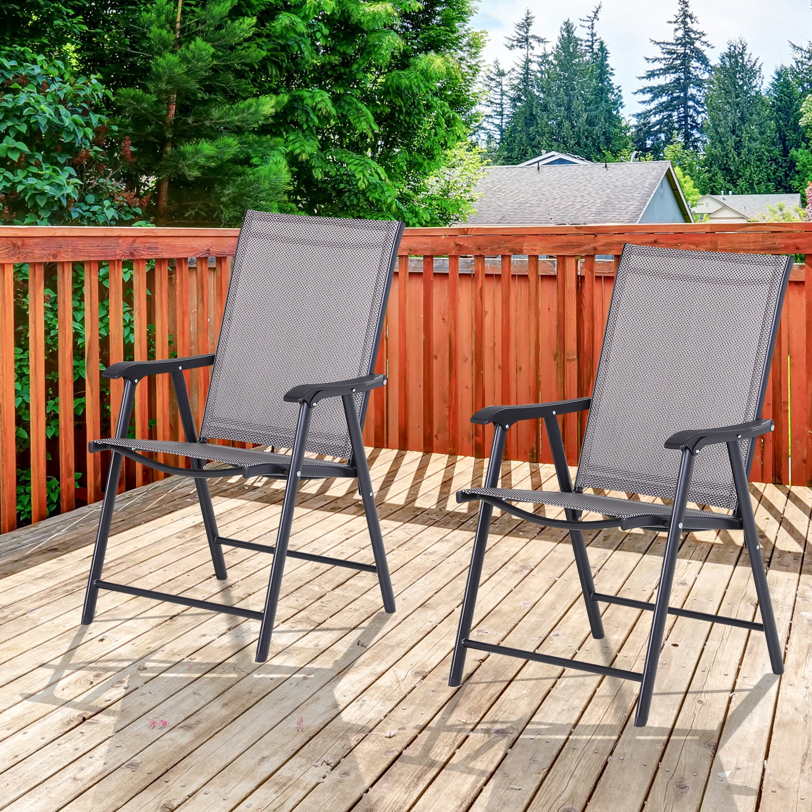 Outsunny Set Of 2 Patio Folding Chairs, Stackable Outdoor Sling Patio Dining Chairs With Armrests For Lawn, Camping, Dining, Beach, Metal Frame, No Assembly, Gray Gray Fabric Metal
