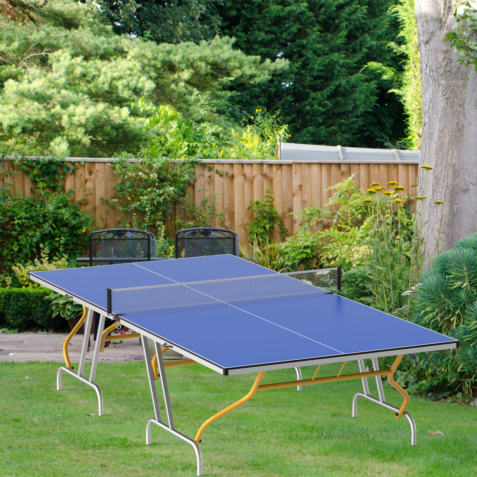 9Ft Mid Size Table Tennis Table, Foldable Ping Pong Table Blue Mdf