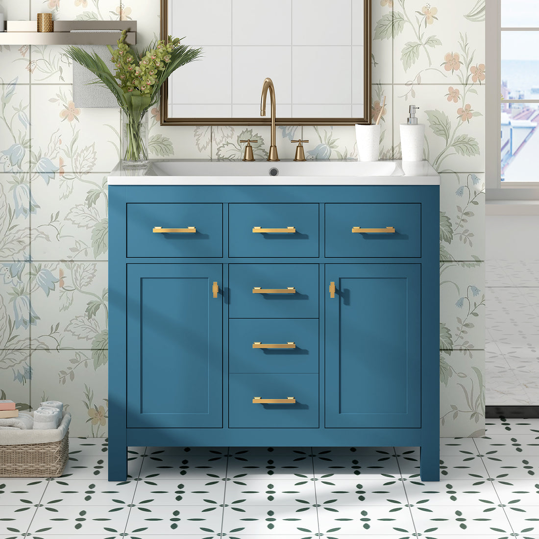 36'' Bathroon Vanity With Resin Sink Combo Set,Modern Freestanding Single Bathroom Cabinet With 4 Drawers & 2 Cabinets,Storage Cabinet For Bathroom, Solid Wood Frame Vanity Set, Blue 4 Blue 2 Adjustable Hinges Bathroom Freestanding Modern Solid Wood Mdf