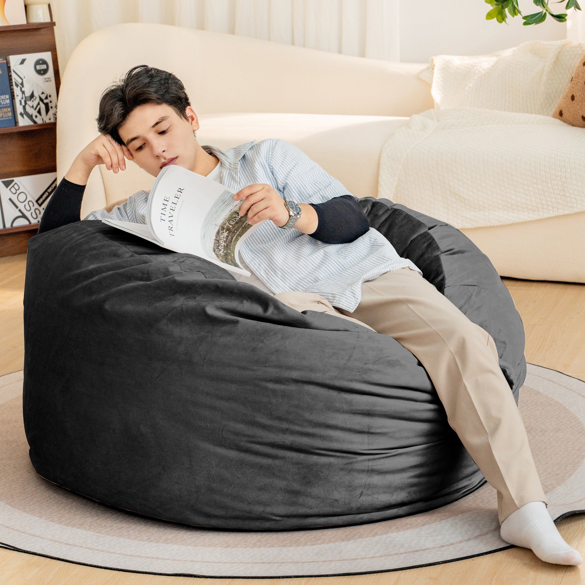 Bean Bag Chair 4Foot Luxurious Velvet Ultra Soft Fur With High Rebound Memory Foam For Adults Plush Lazy Sofa With Fluffy Removable Sponge Gray Primary Living Space Soft Casual,Classic,Modern Foam