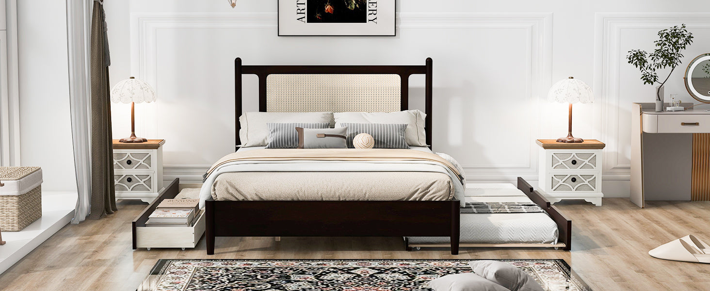 Queen Size Wooden Rattan Platform Bed, With 2 Big Drawers, T Size Trundle, Espresso Queen Espresso Plywood