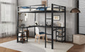 Full Metal Loft Bed With Desk And Shelves, Loft Bed With Ladder And Guardrails, Loft Bed Frame For Bedroom, Black With Black Desk Full Black Metal