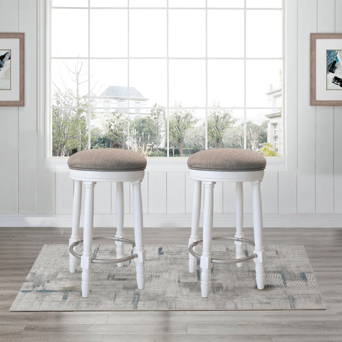 Bar Stools Set Of 2 White Color, 360 Degree Swivel, Accent Wooden Swivel Seat Counter Height Bar Stool, Grey Cushion Seat, Barstool Perfect For Dining And Living Room Height 26" Cushion Solid White
