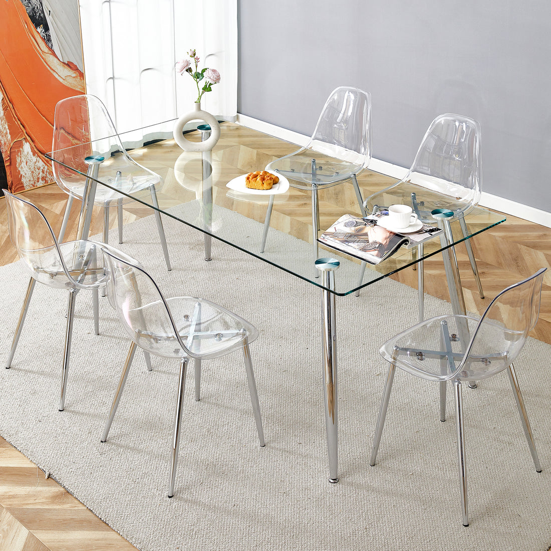 Table And Chair Set.Modern Rectangular Glass Dining Table With Tempered Glass Countertop And Silver Metal Legs, Paired With Multiple Transparent High Quality Pet Dining Chairs With Silver Legs. Silver Seats 6 Tempered Glass