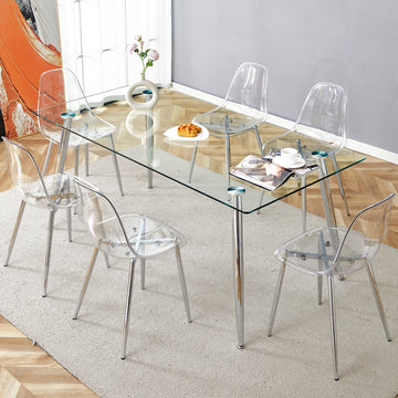 Table And Chair Set.Modern Rectangular Glass Dining Table With Tempered Glass Countertop And Silver Metal Legs, Paired With Multiple Transparent High Quality Pet Dining Chairs With Silver Legs. Silver Seats 6 Tempered Glass
