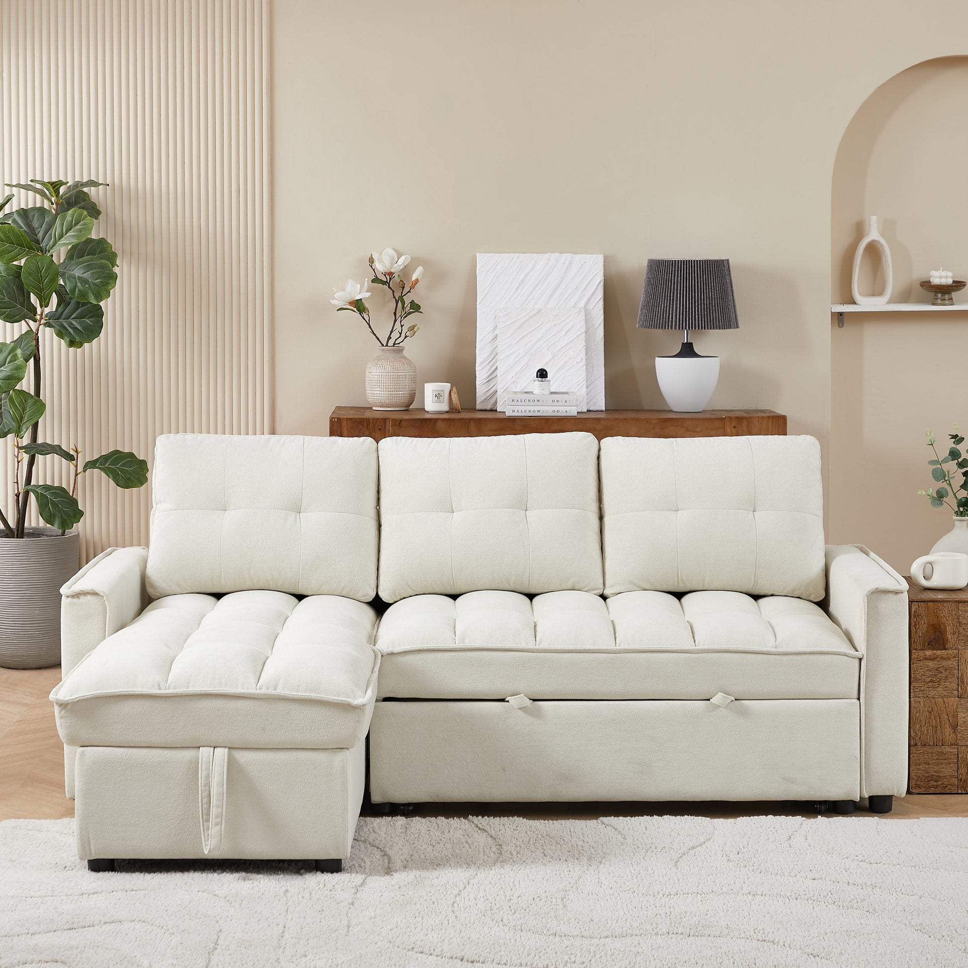 Mh 78.75" Reclining Sofa, Pull Out Sofa Bed With Usb And Tape C Charging Ports, L Shaped Sectional Sofa With Reclining Storage And Arm Side Organizer Pocket Features, Living Room Comfort Sofa Beige Chenille Wood Primary Living Space Eucalyptus Foam