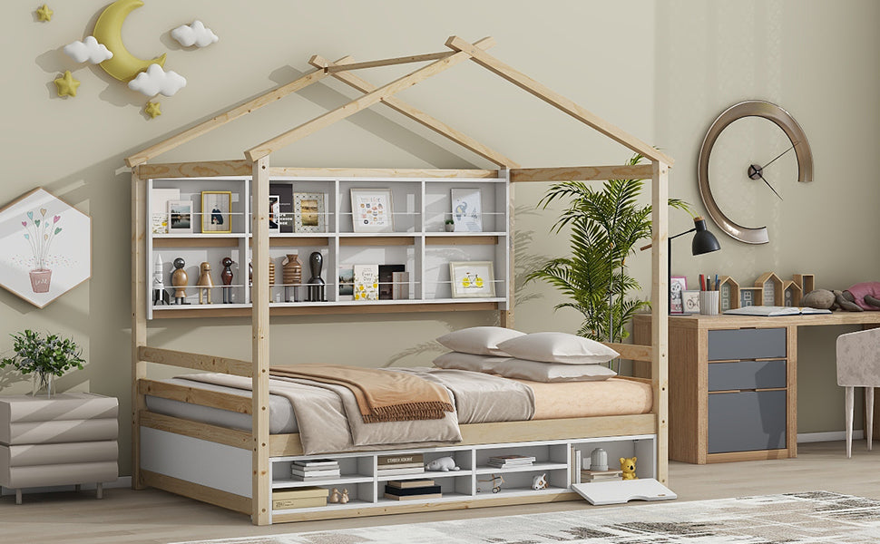 Full House Bed With Roof Frame, Bedside Shelves, Under Bed Storage Unit,Natural Full Natural American Design Pine