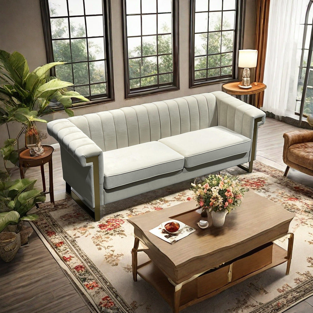 Fx P81 Cw2 Sofa Modern Cream Velvet Sofa With Gold Accents Sleek Channel Tufted Upholstery, 3 Seat Couch For Living Room And Office Decor Temu Suitable Cream White Velvet 3 Seat