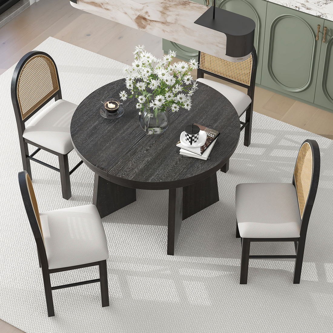 5 Piece Retro Functional Dining Set With 1 Extendable Dining Table And 4 Upholstered Chairs With Rattan Backrests For Dining Room And Kitchen Espresso Espresso Solid Wood Mdf