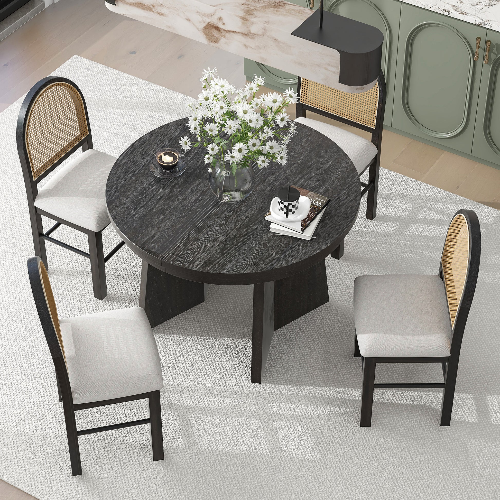 5 Piece Retro Functional Dining Set With 1 Extendable Dining Table And 4 Upholstered Chairs With Rattan Backrests For Dining Room And Kitchen Espresso Espresso Solid Wood Mdf