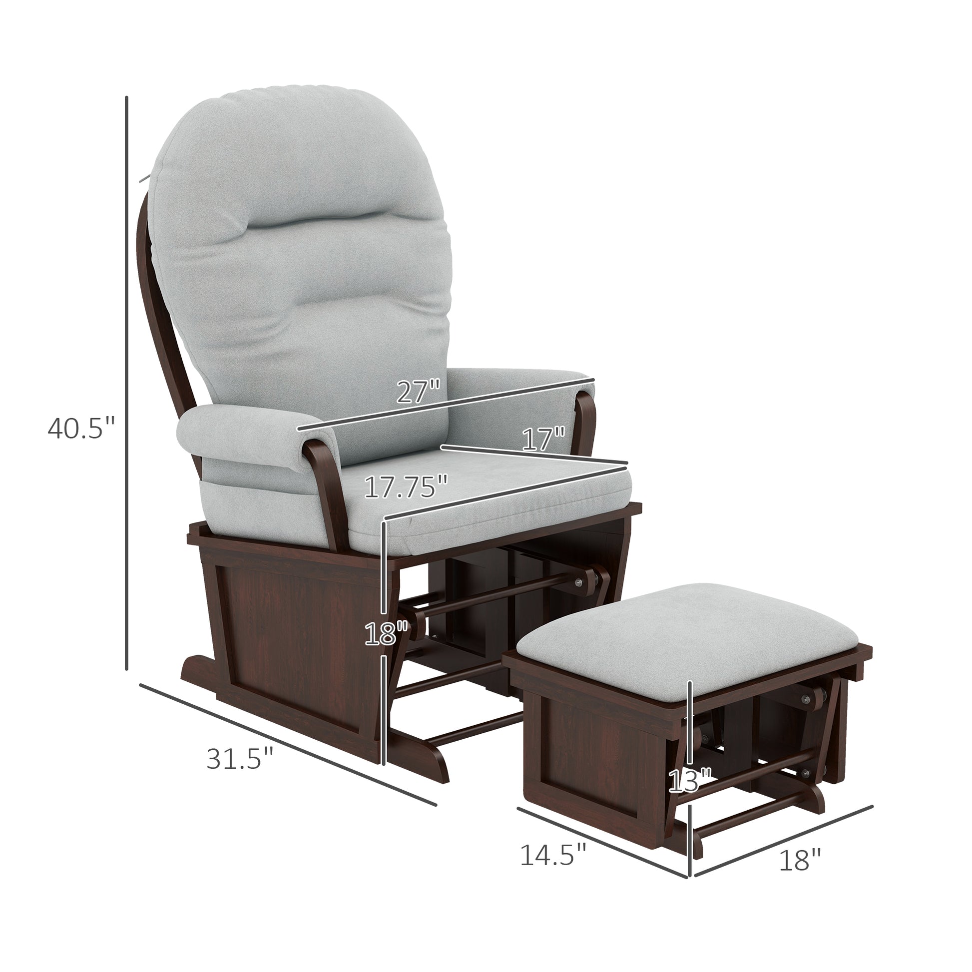 Homcom Nursery Glider Rocking Chair With Ottoman, Thick Padded Cushion Seating And Wood Base, Light Gray Light Gray Polyester