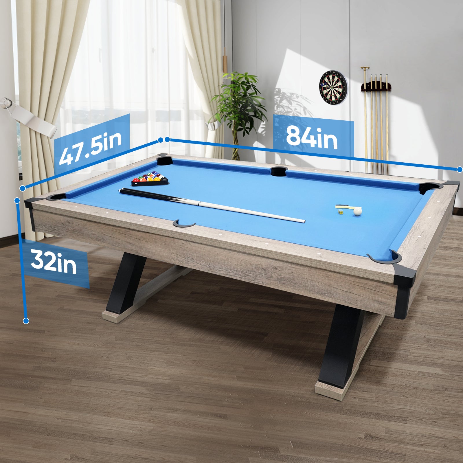 84"Billiard Table With Rustic Blond Finishk Shaped Legs And Royal Blue Cloth Indoor Fitness Blue Brown Gym Gym Mdf