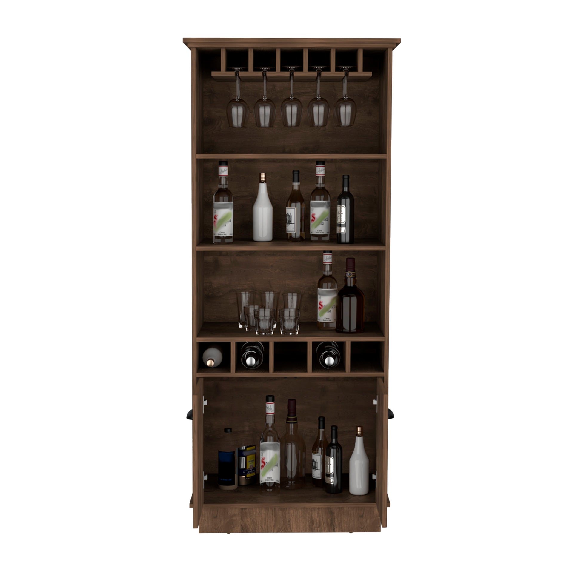 Dundee 70 Inch High 10 Glass Bar Cabinet With 5 Cubbies And 3 Open Shelves And Cabinet Brown Primary Living Space Modern Shelves Included Particle Board