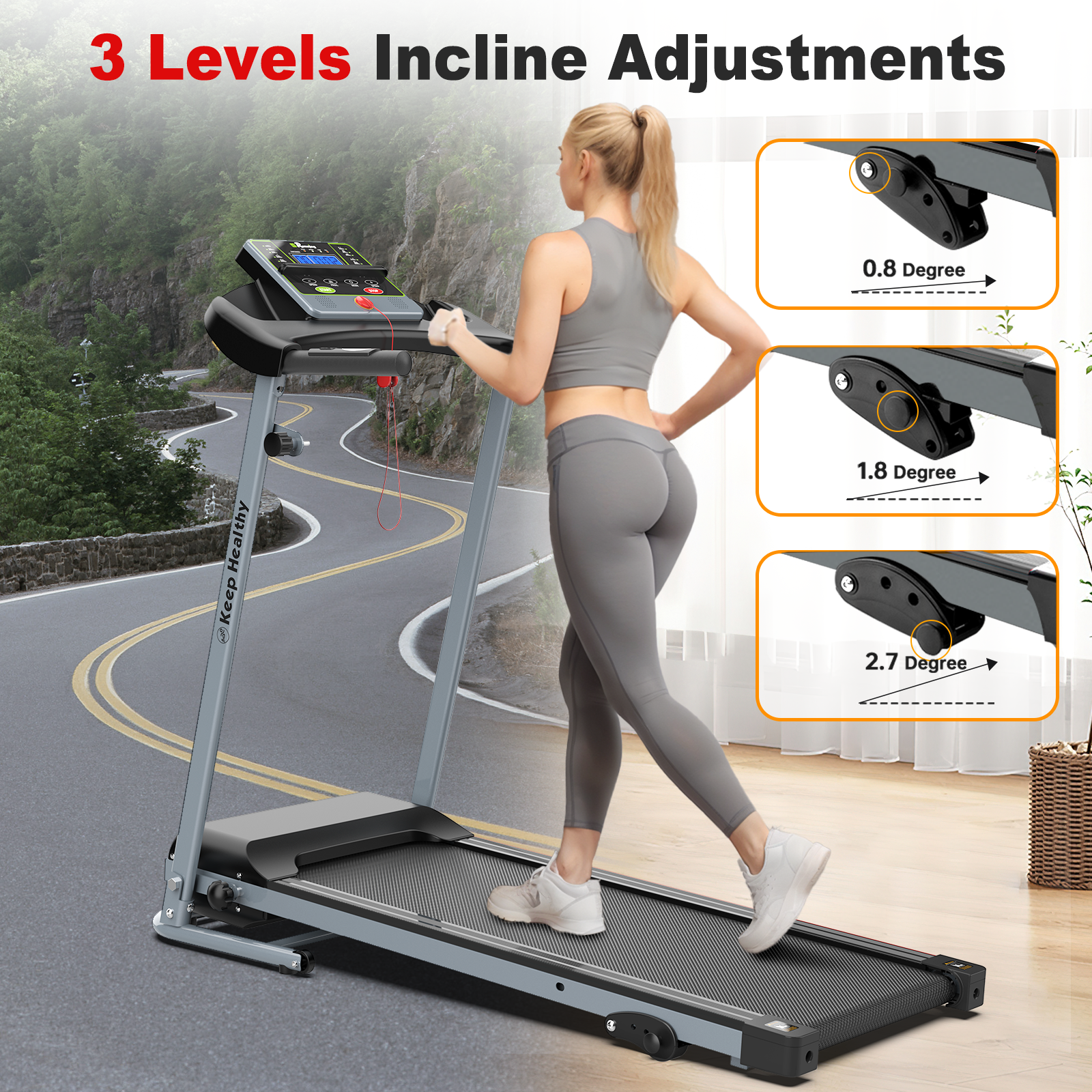 Folding Treadmill With Incline 2.5Hp 12Km H Electric Treadmill For Home Foldable, Bluetooth Music Cup Holder Heart Rate Sensor Walking Running Machine For Indoor Home Gym Exercise Fitness Silver Grey Stainless Steel