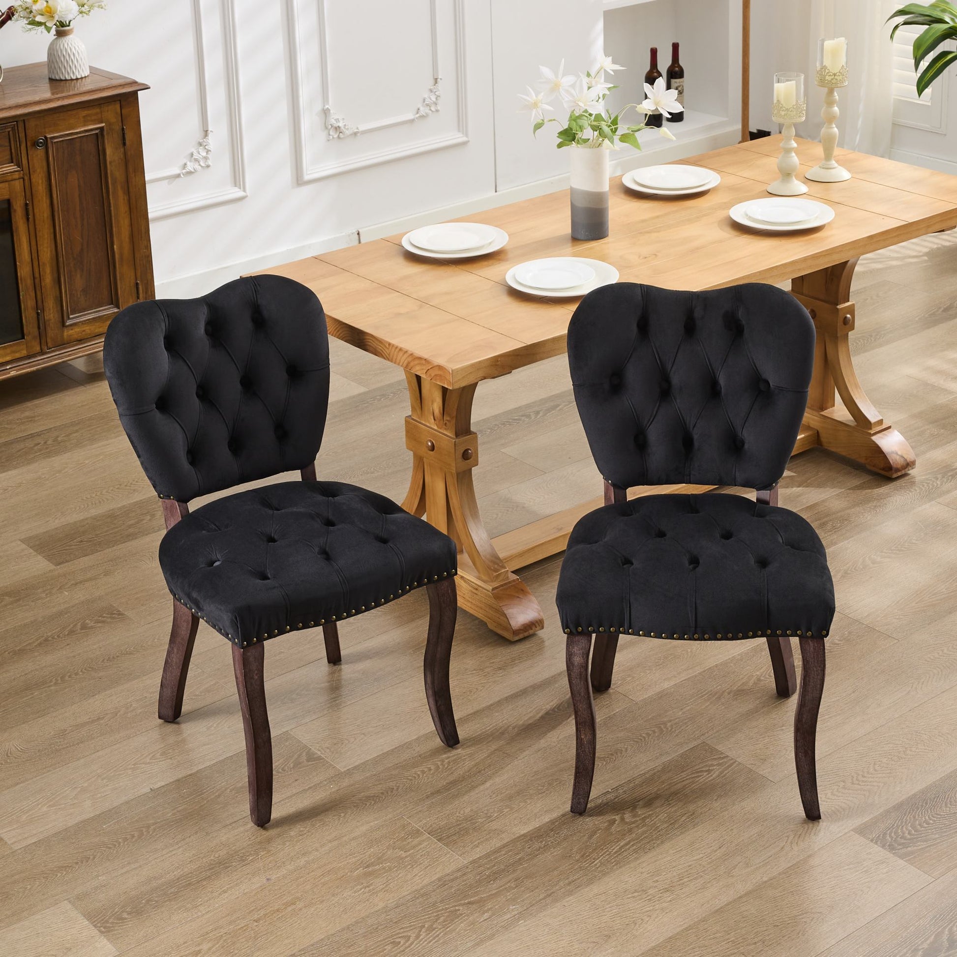 French Vintage Tufted Upholstered Fabric Dining Chair,Set Of 2,Black,Sw1869Bk Black Dining Room American Design Dining Chairs Rubberwood Set Of 2 Foam Velvet