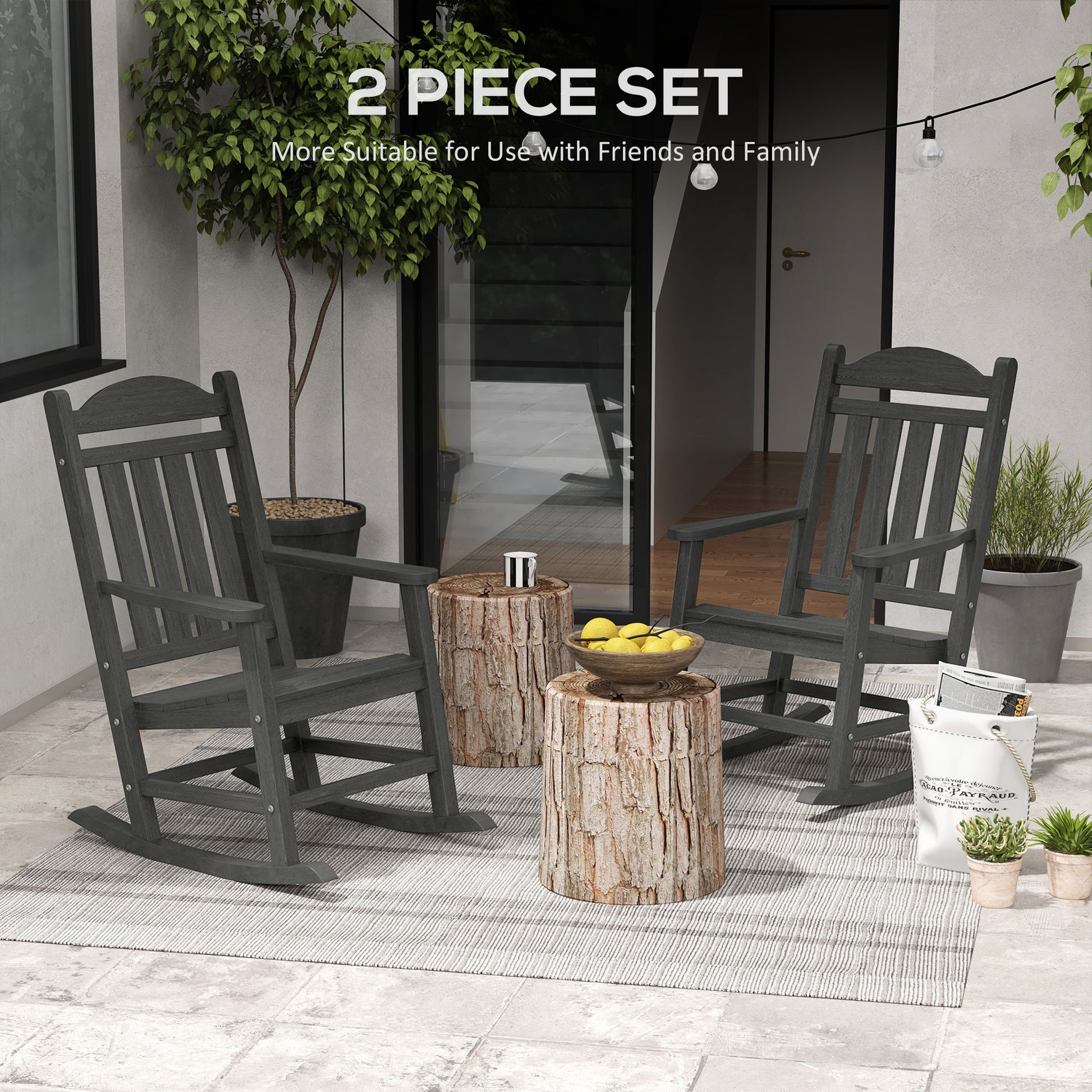 Outsunny 2 Pieces Outdoor Rocking Chair, All Weather Resistant Hdpe Rocking Patio Chairs With Rustic High Back, Armrests, Oversized Seat And Slatted Backrest, 350Lbs Weight Capacity, Dark Gray Dark Gray Plastic