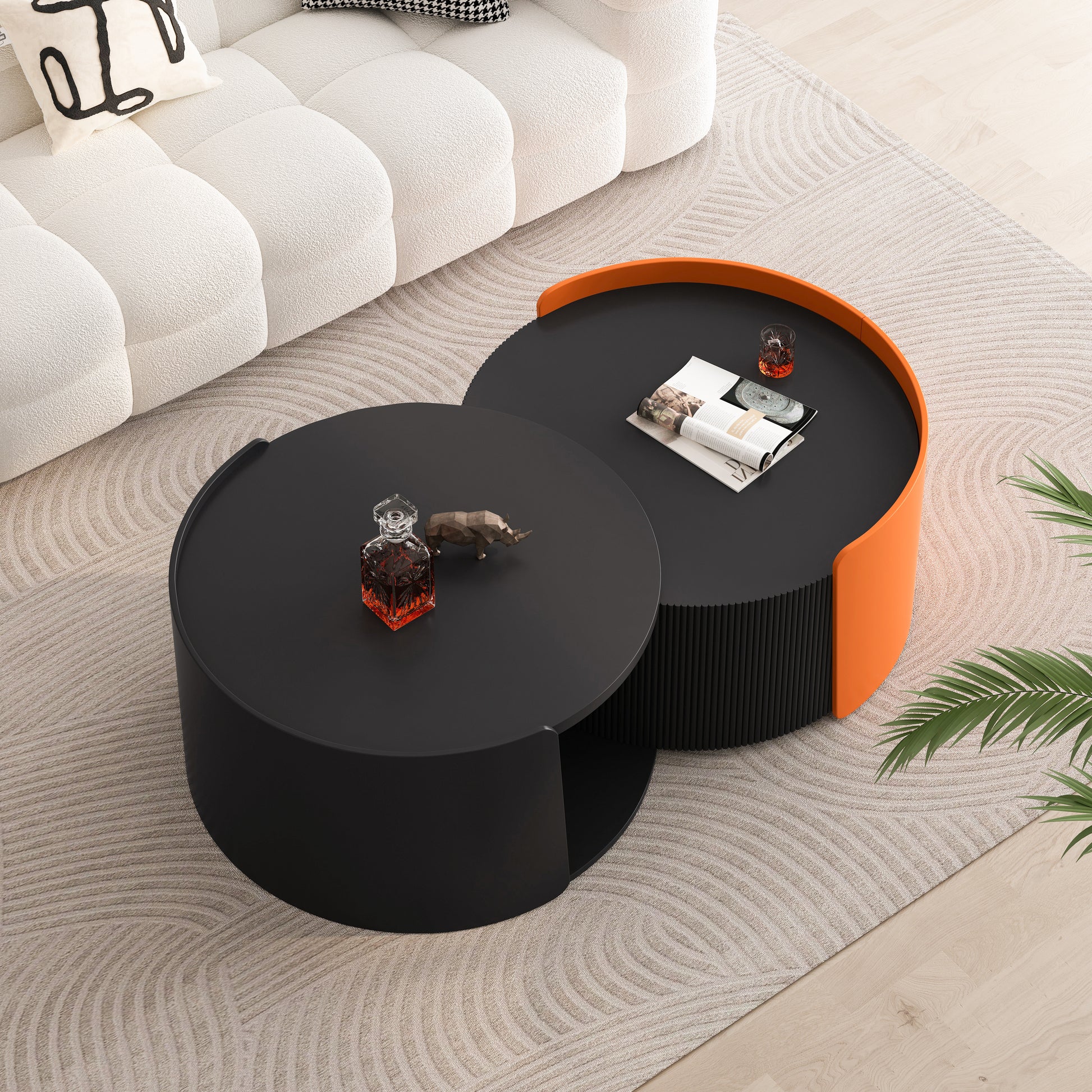 Nesting Coffee Table, Round Nesting Tables And End Tables For Small Space, Modern Side Tables With Extendable Sliding Tabletop For Living Room, Office,Black, No Need Assembly Black Mdf