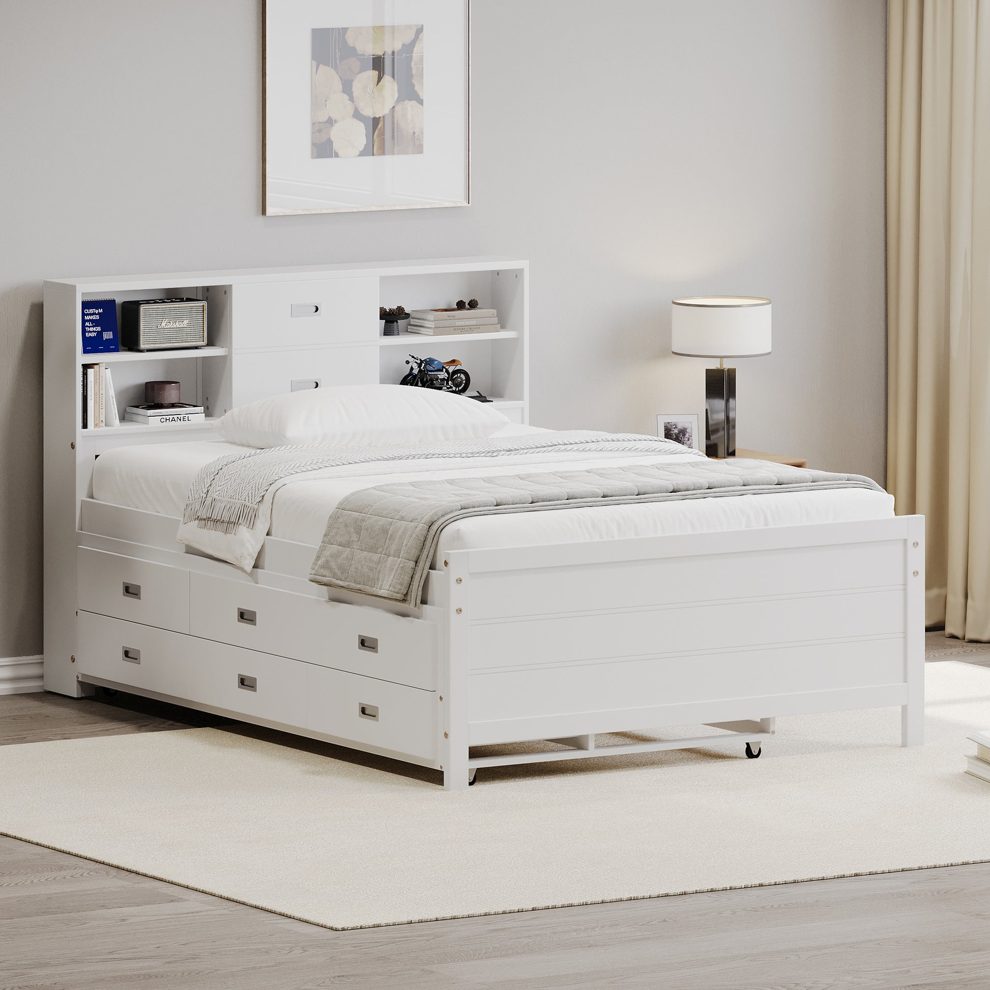 Twin Size Captain Bed With Storage Bookcase Headboard,Captain Bed With Trundle And Three Storage Drawers For Kids Teens Dorm Bedroom Multipurpose Guest Room Or Home, White Box Spring Not Required Twin White Wood Solid Wood Mdf