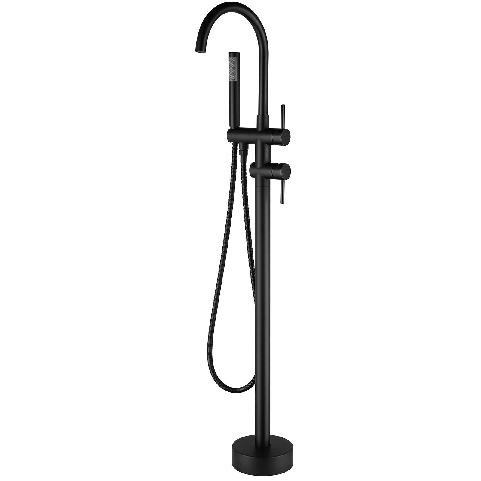 Freestanding Matte Black Bathtub Filler With Dual Handles And Hand Shower Matte Black Brass