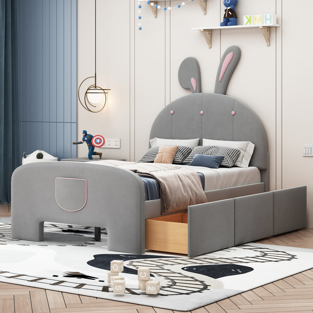 Twin Size Velvet Platform Bed With Rabbit Shaped Headboard, With Drawers, With Bed End Storage Pocket, Gray Twin Gray Plywood